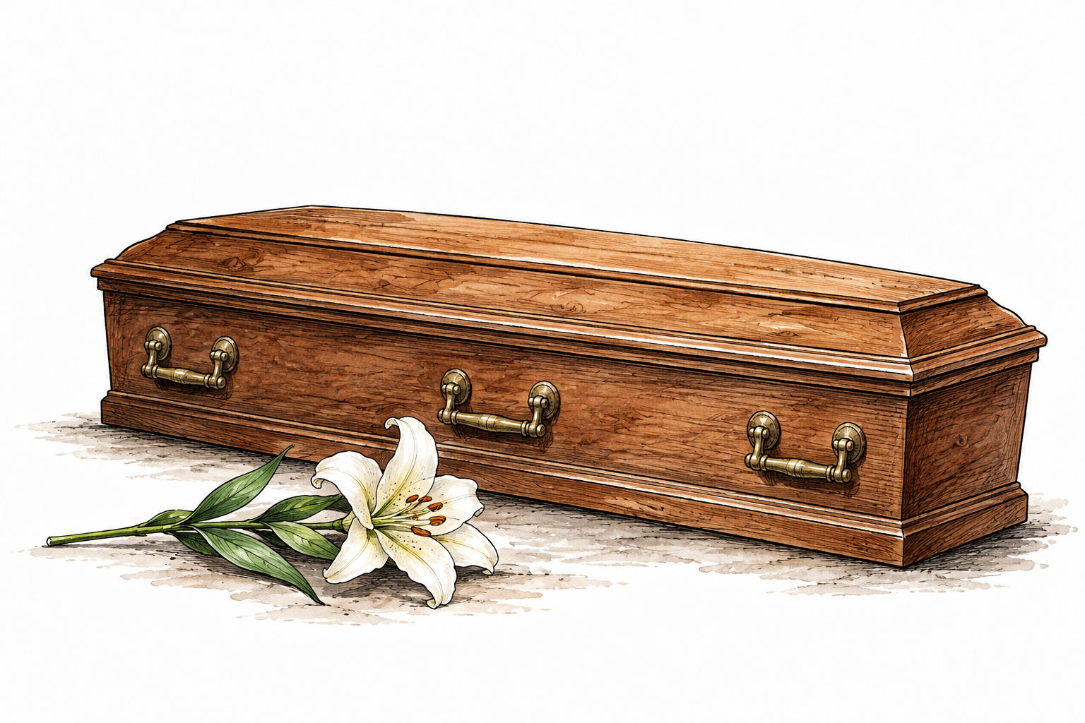 A respectful closed coffin with a single flower beside it, quiet formal death symbolism, no visible body or text.