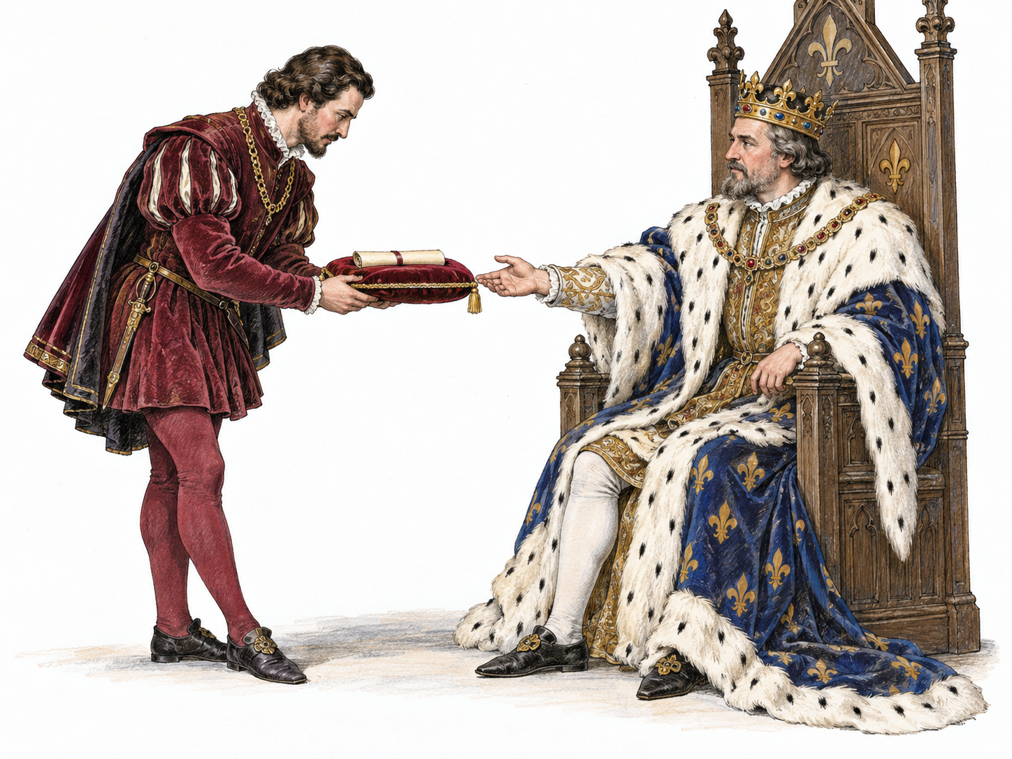 A richly dressed courtier bows beside a seated king, presenting a closed document on a small cushion in a restrained early-sixteenth-century French court scene.