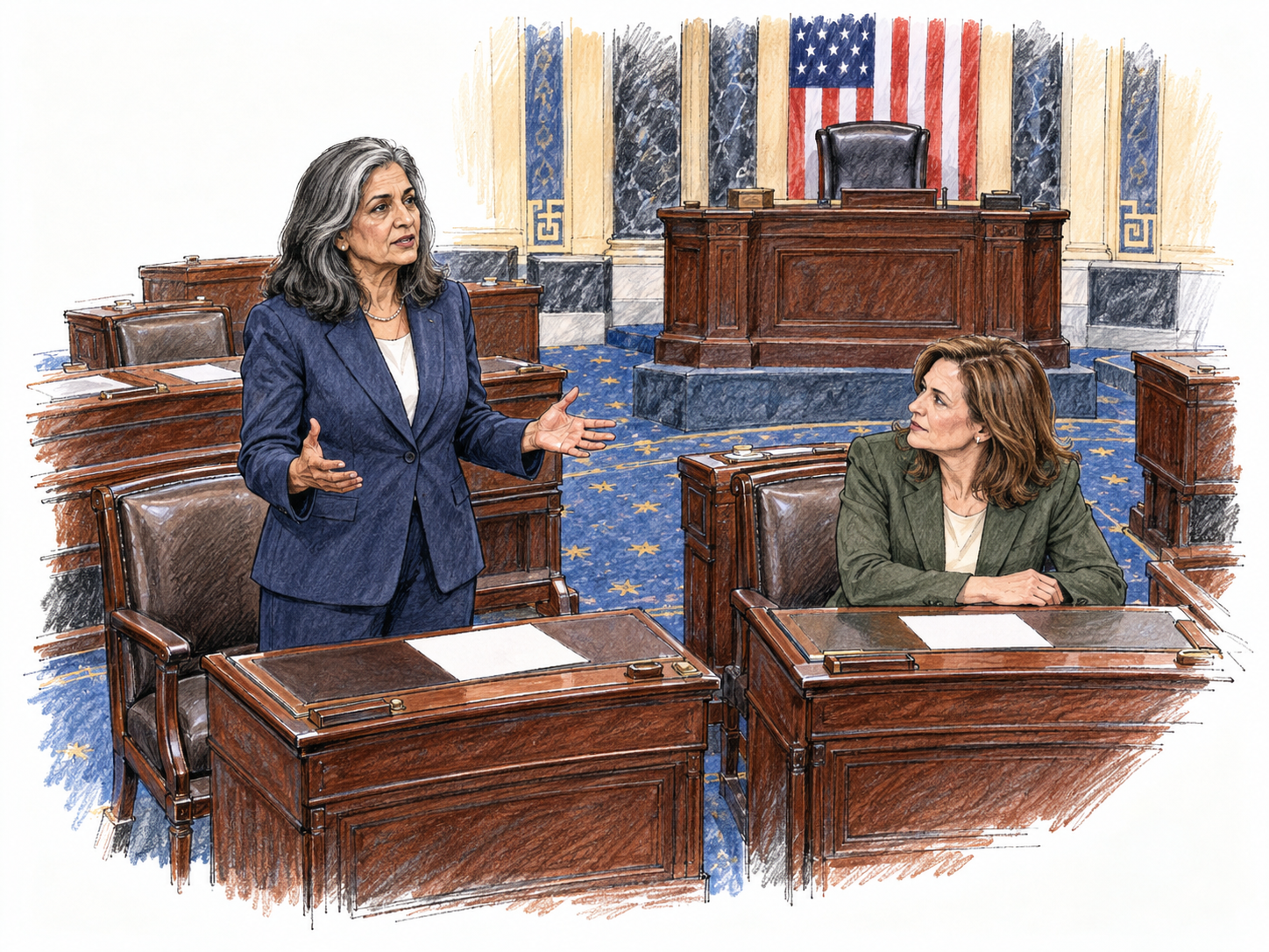A senator rises beside her desk to address colleagues in the recognizable U.S.
