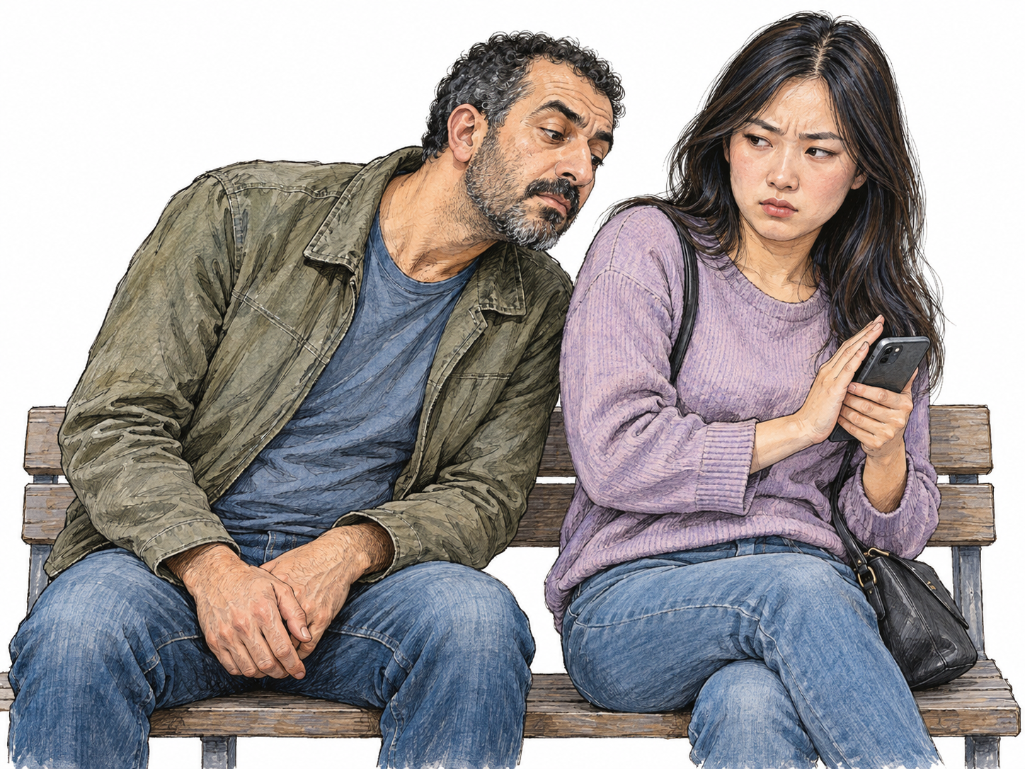 A man conspicuously cranes around a woman's shielding hand to peek at her personal phone while she turns it away and gives him a displeased sideways look.