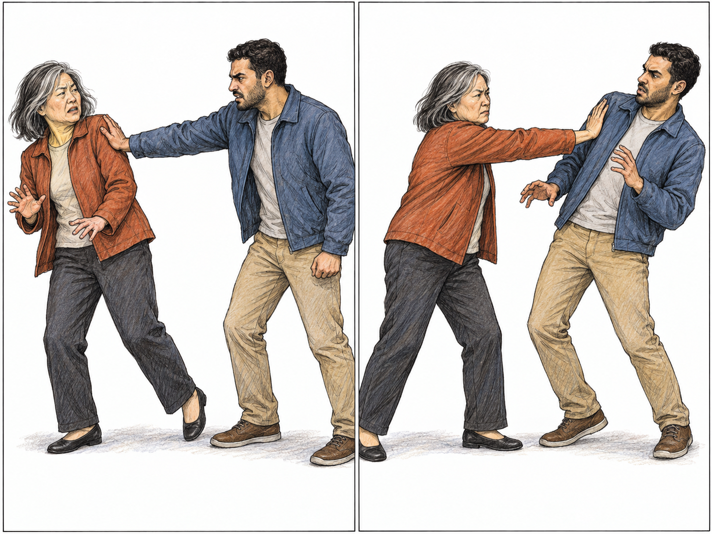 A text-free two-panel sequence shows a hostile shove followed by a shove in return, making both the original offense and the retaliatory response visible.