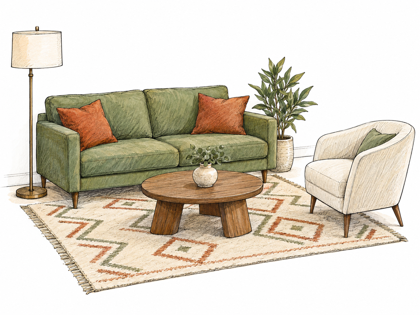 A compact, thoughtfully coordinated living-room arrangement: a sage-green sofa with rust cushions, an ivory patterned rug, a round wooden coffee table, and a matching armchair and floor lamp.