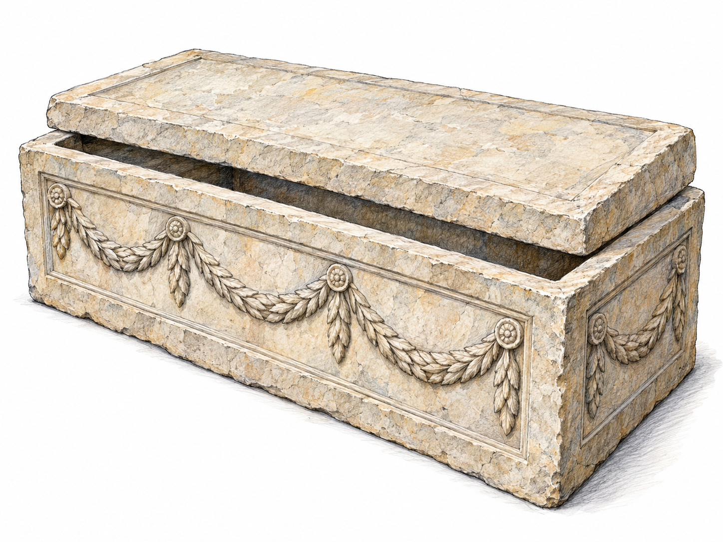An isolated decorated stone coffin with its heavy lid shifted slightly aside, revealing the hollow burial chamber and thick stone walls.