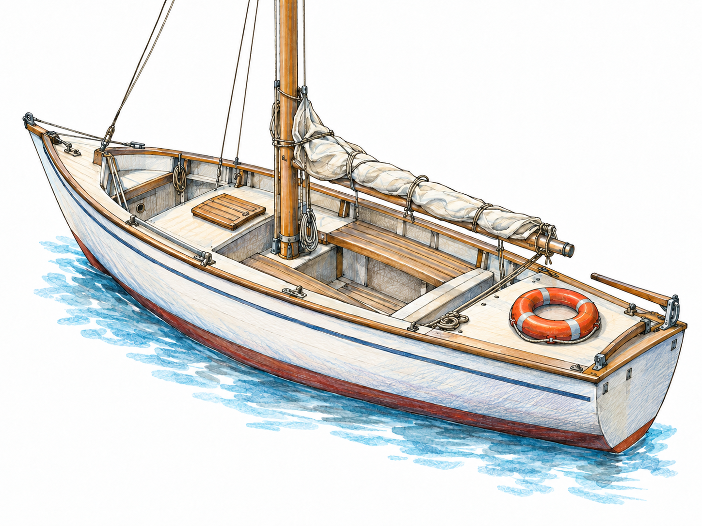 An elevated three-quarter view of a small sailboat with a bright orange life ring resting on the aft deck abaft the mast.