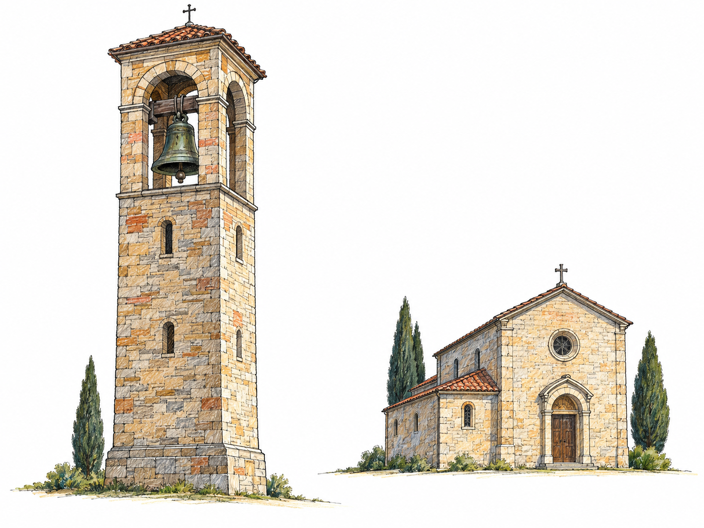 A freestanding masonry bell tower with a clearly visible bell in its open belfry, beside a small church with an unmistakable gap between the two buildings.