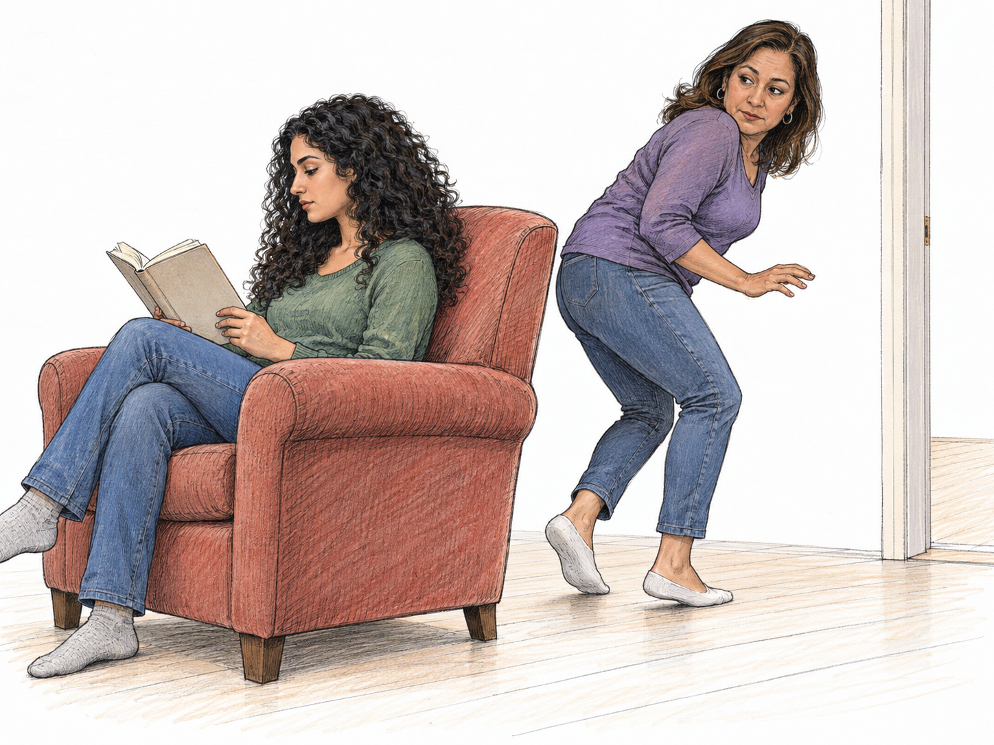 A woman tiptoes behind an occupied armchair toward an open doorway, glancing back at its unaware reader.