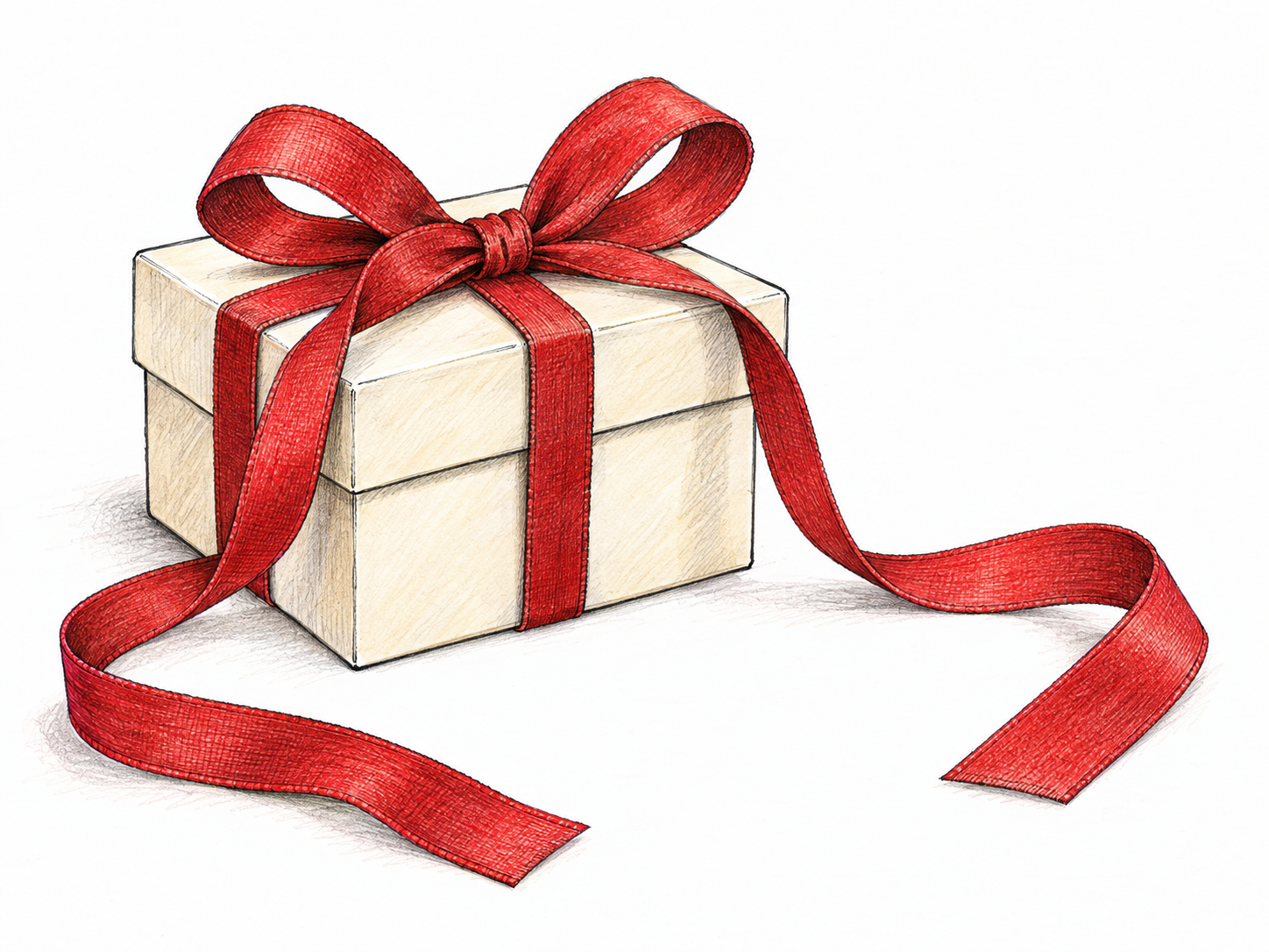 A narrow red fabric ribbon tied into a bow around a small plain cream gift box, with long loose tails clearly showing the strip's width, folds and woven edges.