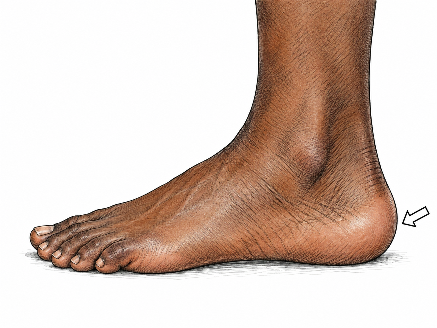 A neutral side view of an adult foot highlights the back portion below the ankle with one small functional outline, making the heel location clear; no injury or labels.