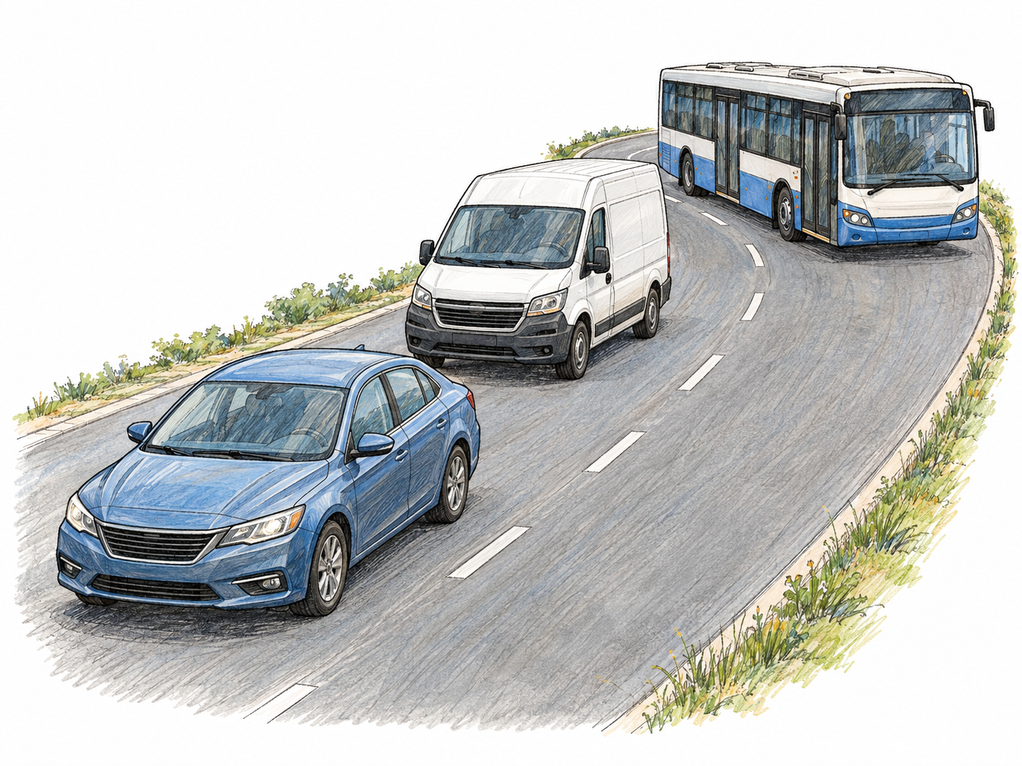 A compact road segment carrying a car, a delivery van, and a bus, clearly presenting vehicular traffic rather than a parked vehicle collection.