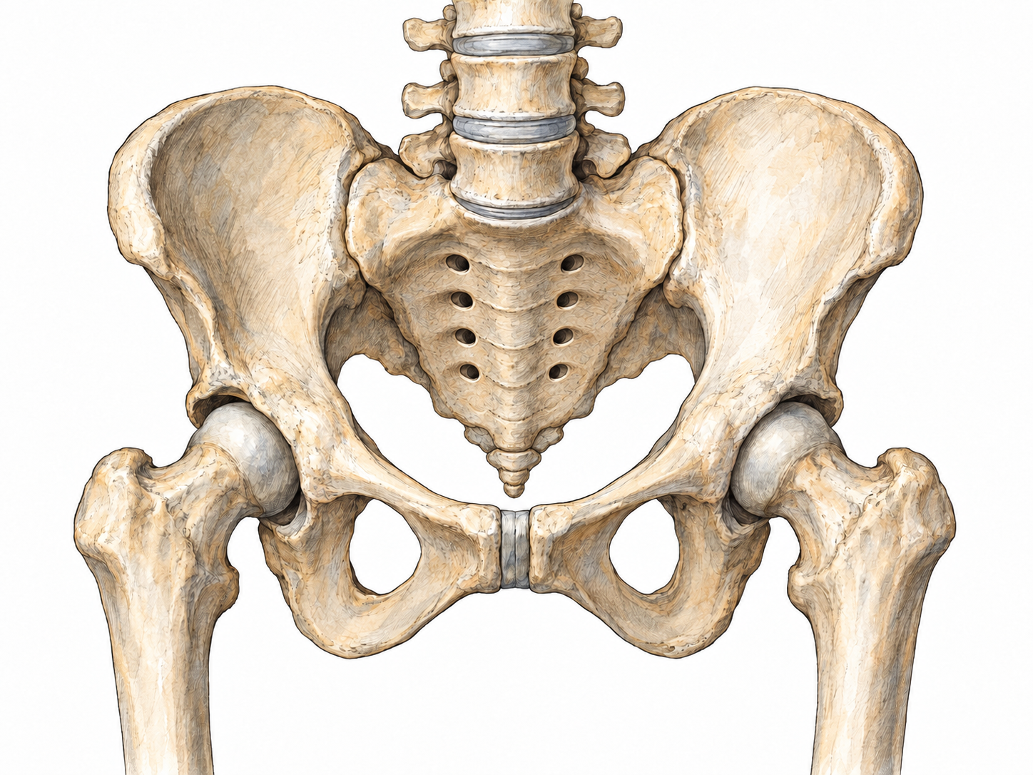 An isolated adult bony pelvis seen from slightly above the front, with a short lower-spine segment and both proximal femurs attached, making its basin shape and connection between spine and legs immediately visible.