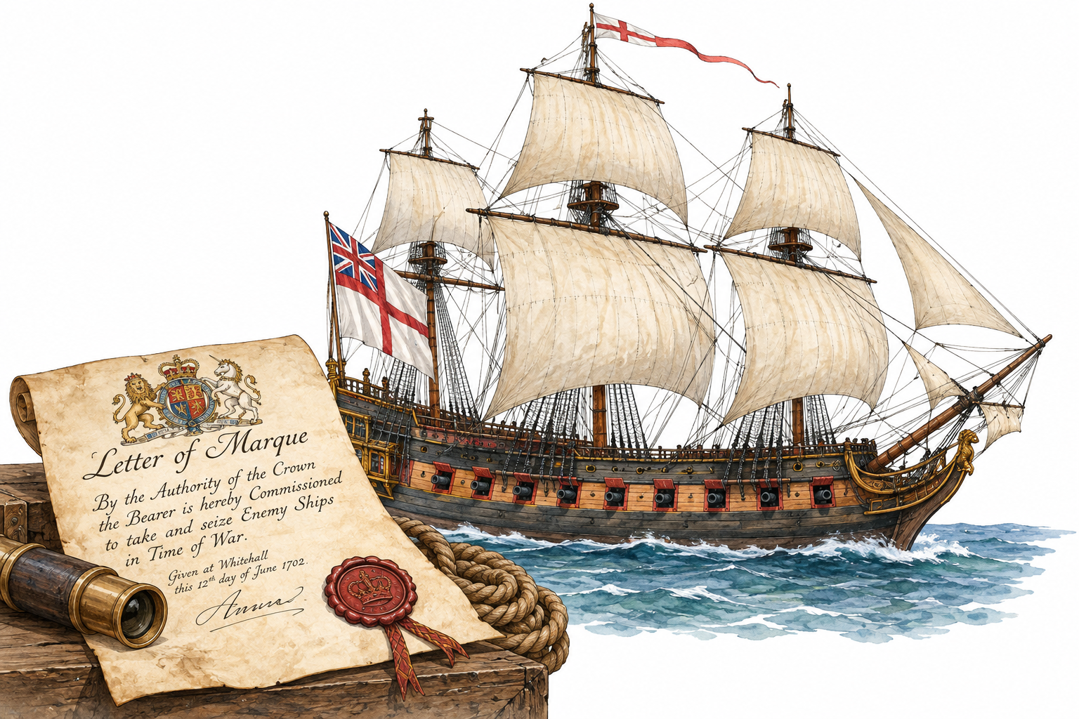 Historical privately owned armed sailing ship with authorization parchment visible in foreground, sails and cannonports, no pirate skull flag.