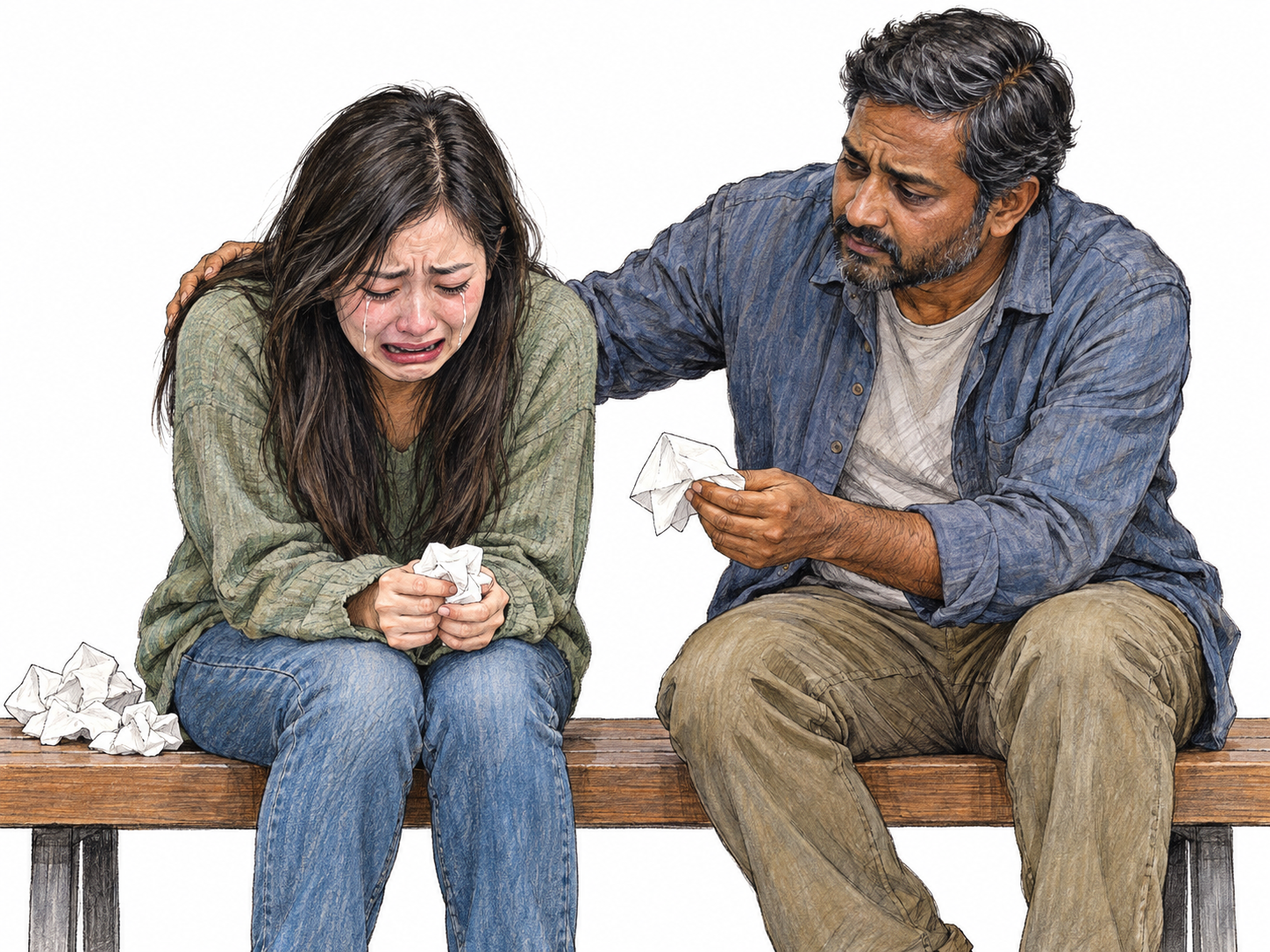 A young woman sobs intensely while a platonic friend gently comforts her.