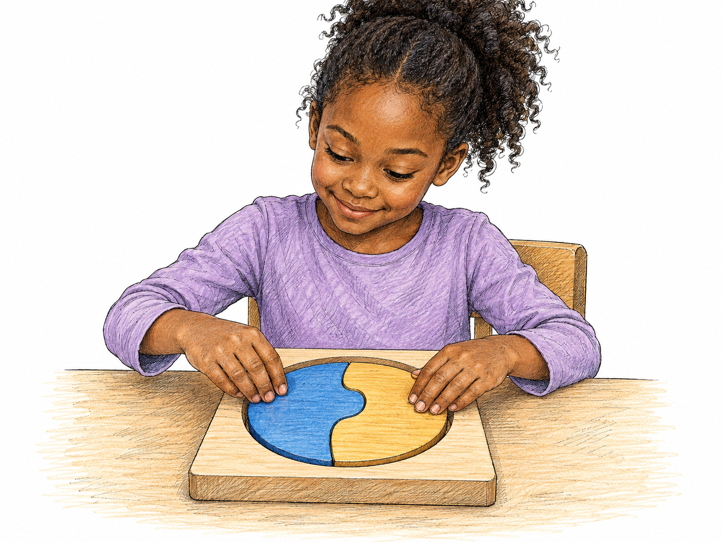 A child easily completes a simple two-piece wooden shape puzzle, two large complementary halves fit into one round recess, relaxed confident action, no numbers or arrows.