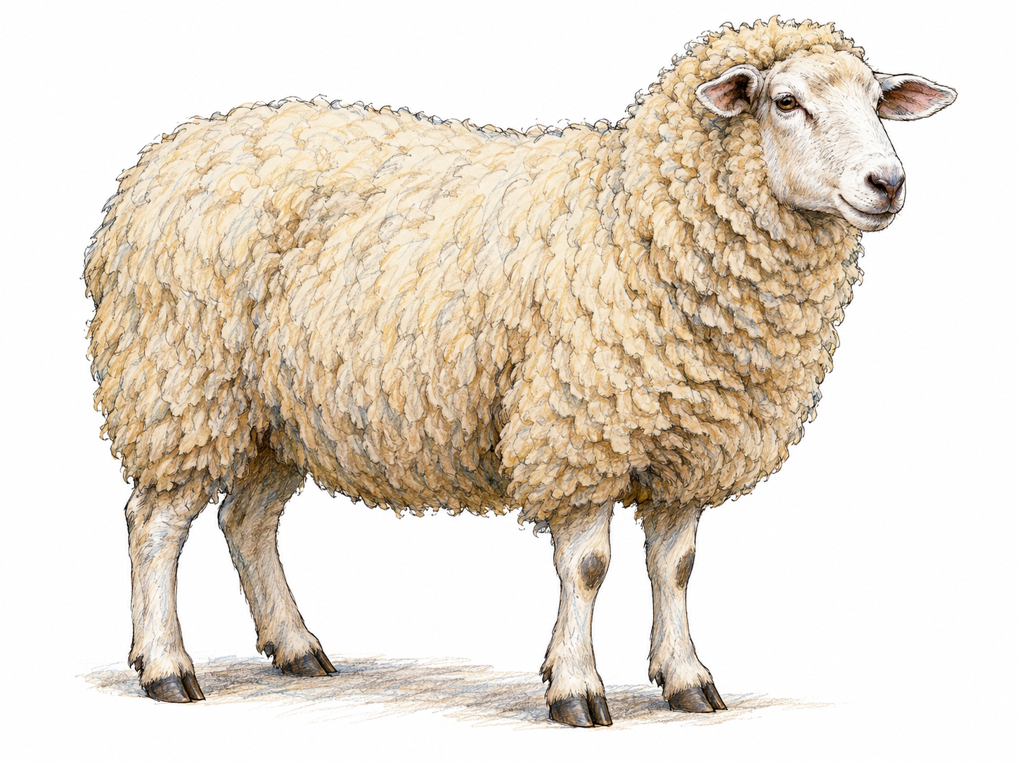 A single sheep in three-quarter side view, its thick, curly woolly coat dominating the silhouette, contrasted with its short-haired face and lower legs.