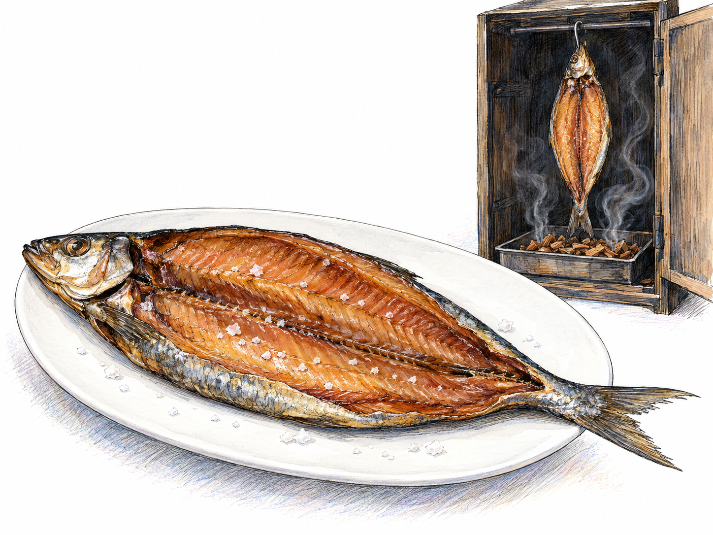 A butterflied smoked herring on a plain plate, with its two joined halves opened flesh-side up, recognizable head and tail intact, golden-brown smoked flesh and a few visible salt crystals.