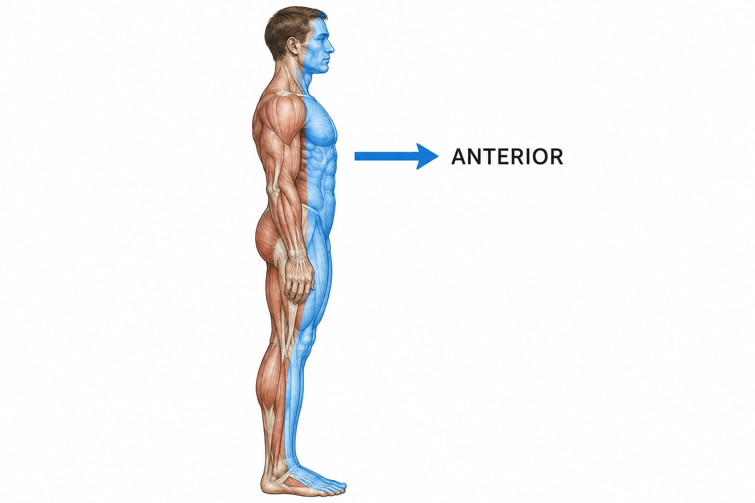 Side-view human anatomical silhouette facing right, front chest abdomen face side highlighted blue, arrow points toward body front; concise ANTERIOR label.