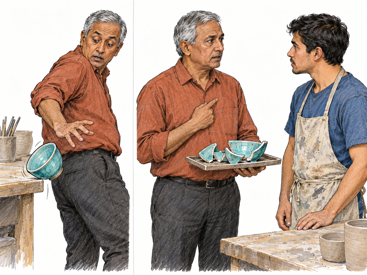 Candor shown through a straightforward admission of responsibility: after accidentally breaking another person's ceramic bowl, a man openly presents the pieces, points to himself, and meets the owner's eyes rather than concealing what happened.