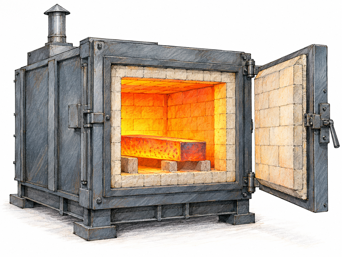 A heavy industrial furnace with its thick insulated door partly open, exposing a brilliant orange-hot refractory chamber and a steel billet glowing inside.