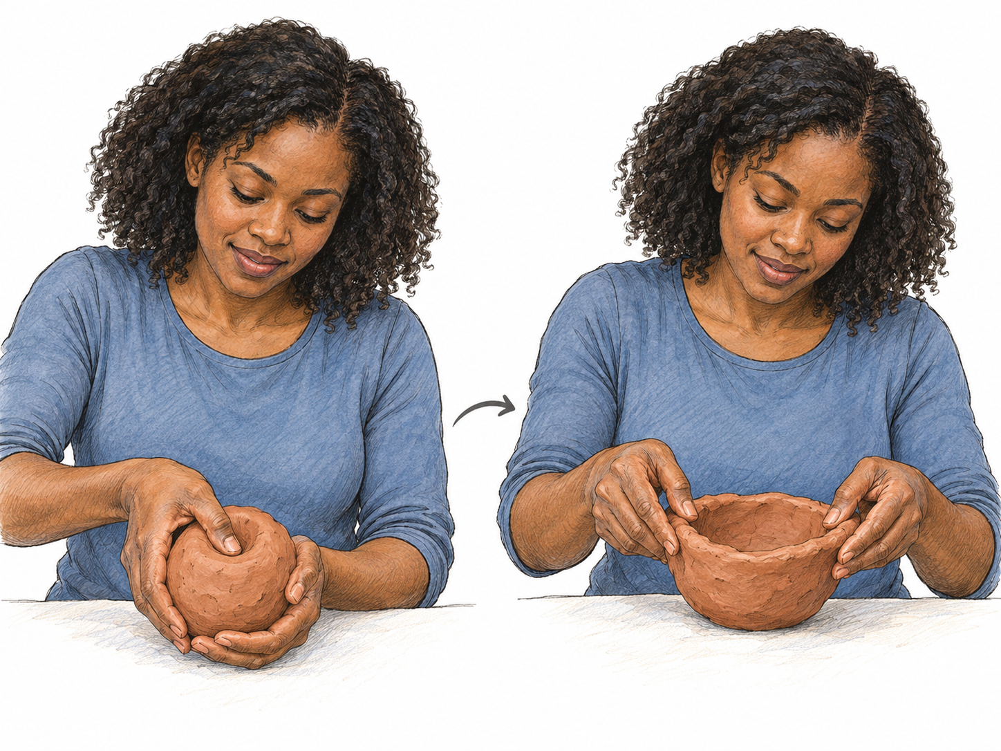 A simple two-stage view of the same woman reshaping soft clay: a rounded lump becomes a shallow bowl under her fingers, visibly demonstrating material that can be changed.