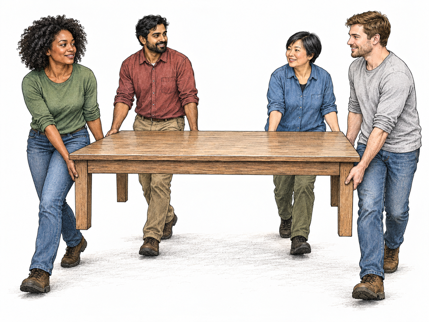 Four teammates cooperate carrying one long heavy table level, each holds a different corner with coordinated effort; plain casual workwear, shared physical goal obvious.