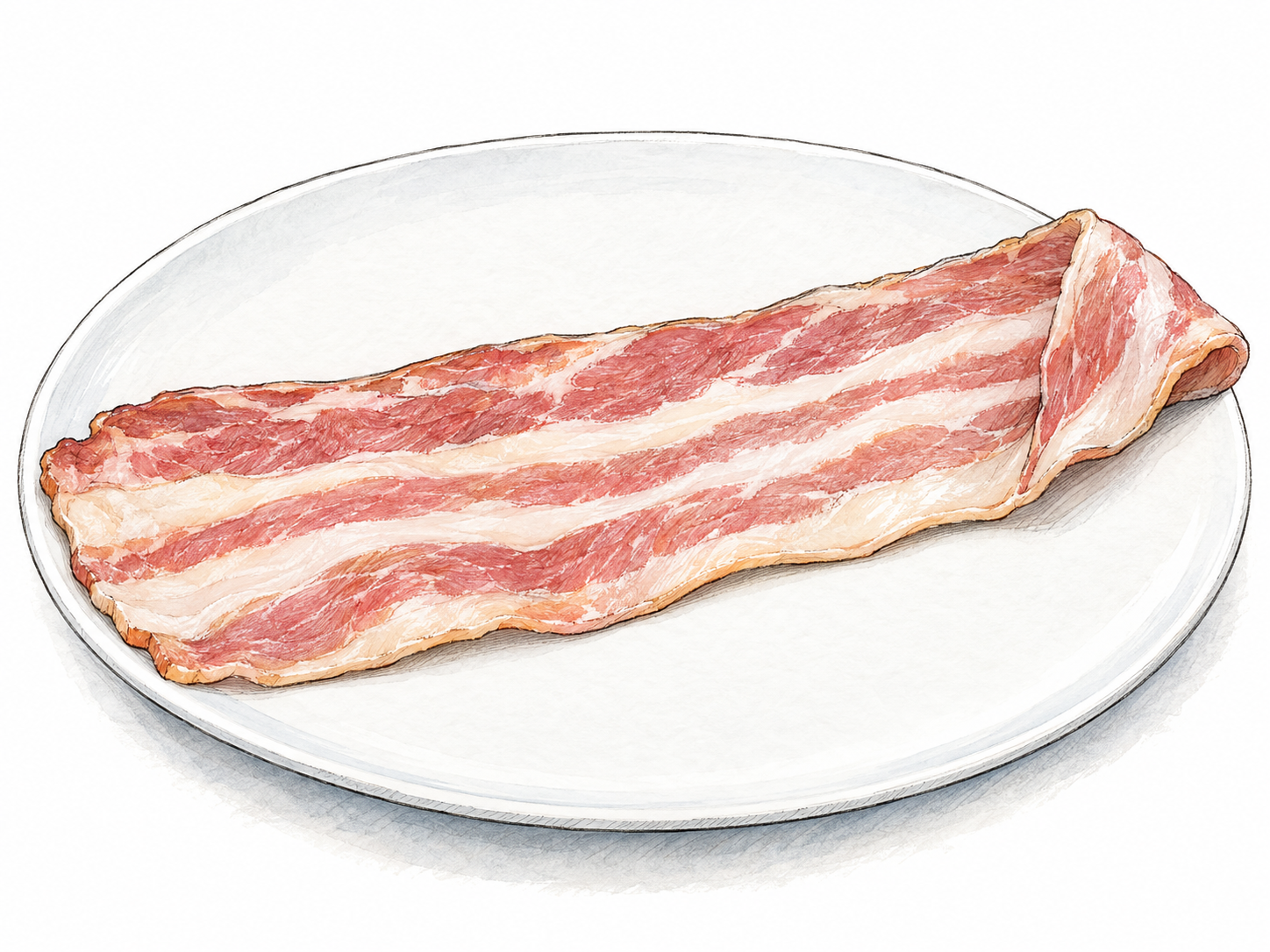 One thin, uncooked rasher of streaky bacon on a plain white plate, with a gently folded end exposing its thin edge and alternating pink meat and creamy fat.