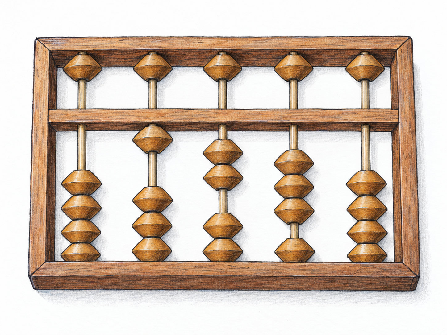 A compact, tabletop soroban-style abacus with five vertical rods and a horizontal reckoning bar, viewed nearly overhead.