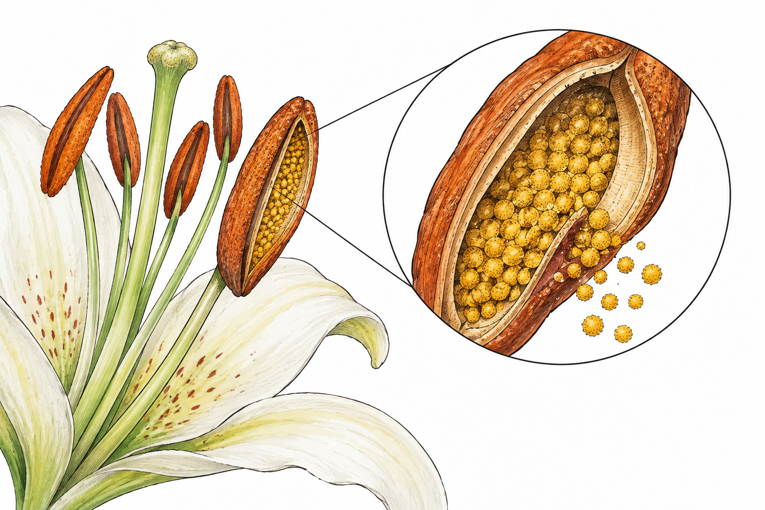 A botanical cutaway of a lily anther shows a small pouch-like pollen sac filled with pollen grains, no labels.