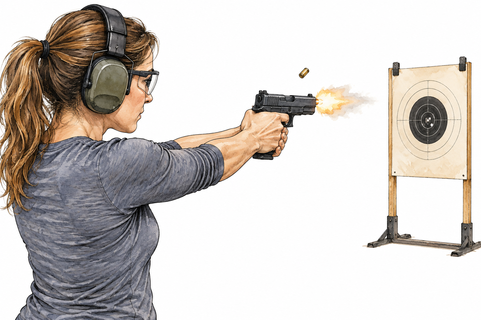 Adult woman at supervised target range safely fires sport pistol downrange wearing hearing and eye protection, no people in line of fire.