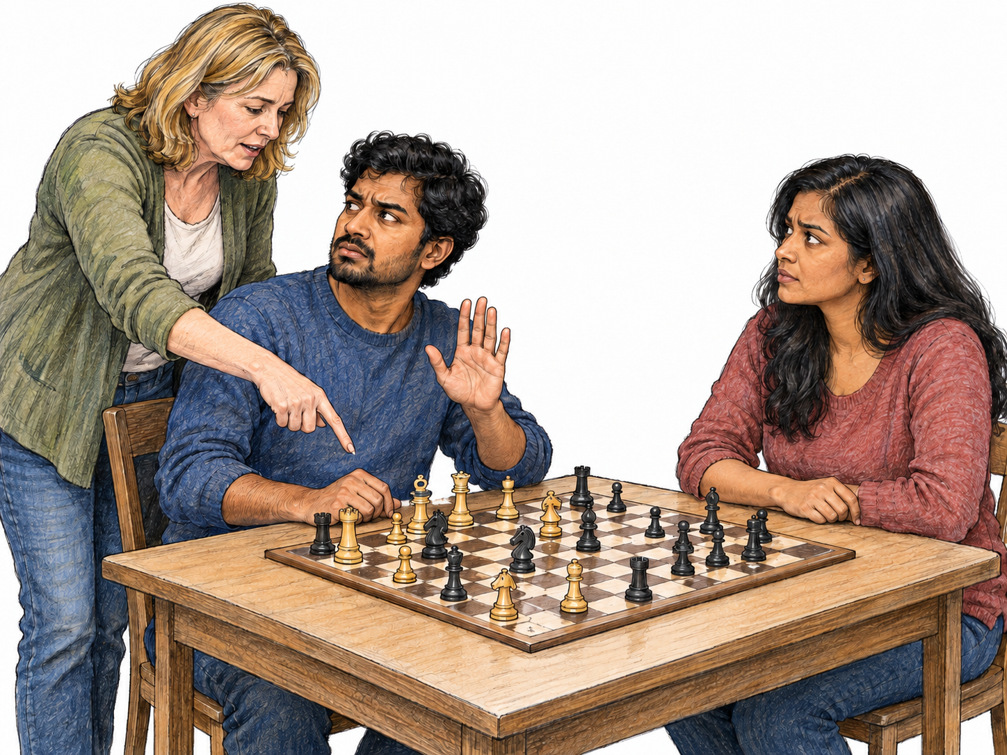 An uninvited spectator leans over a chess game and points out a move.