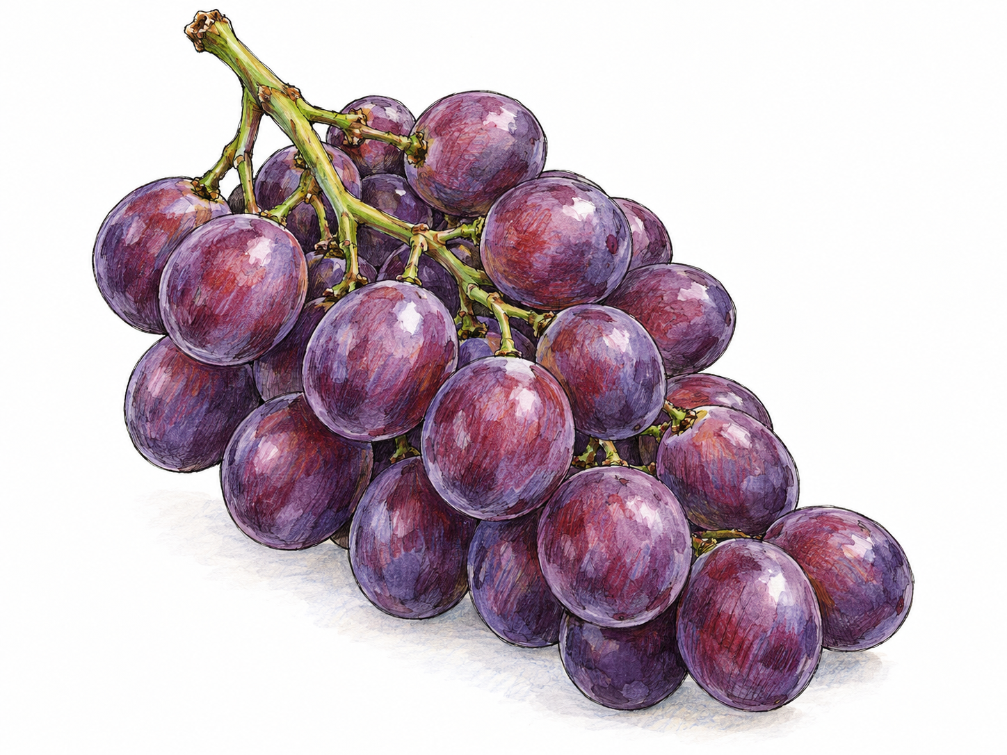 A single compact bunch of purple grapes attached to branching green stems, with individual grapes clearly visible within the cluster.