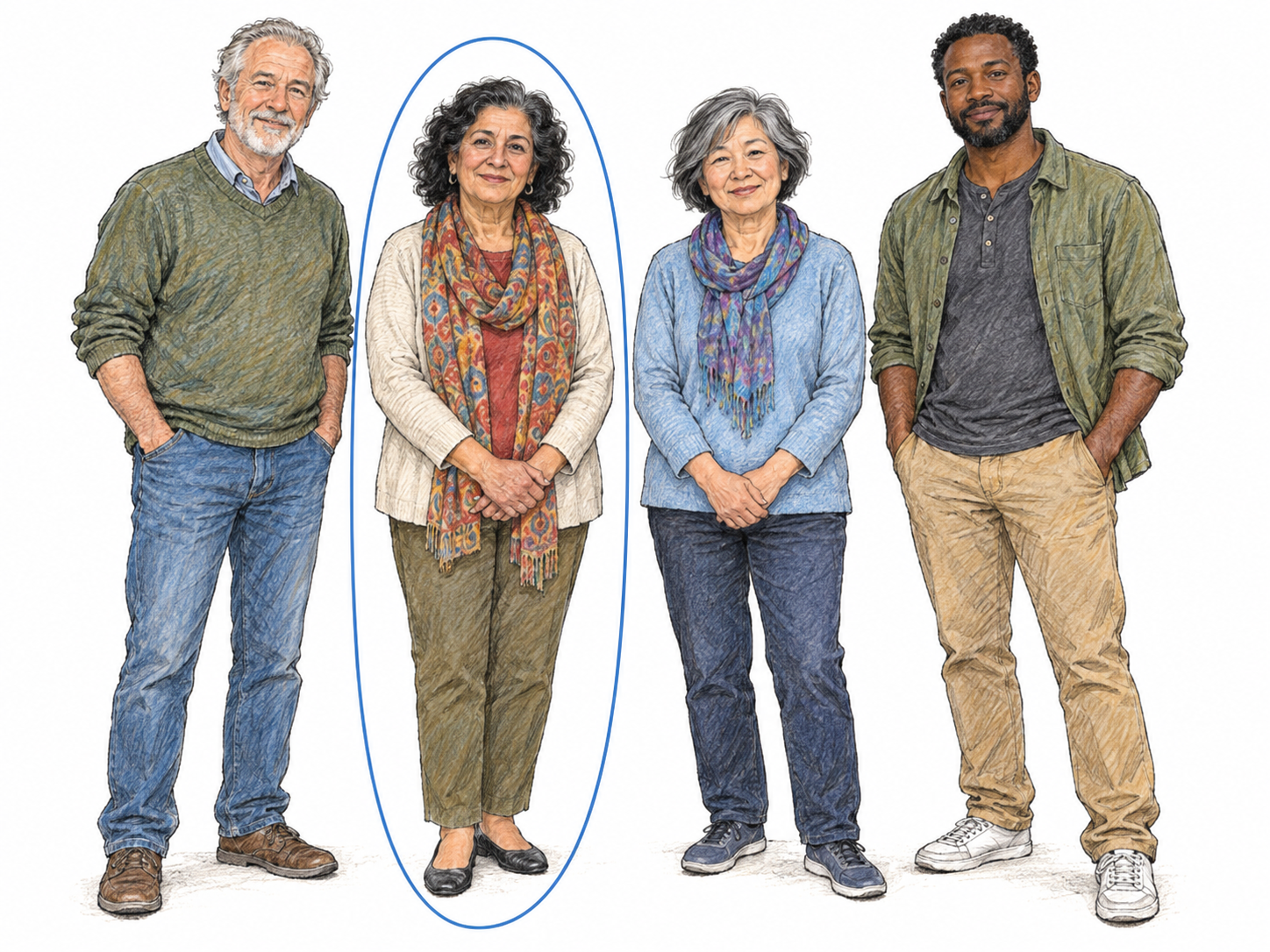 A small group portrait with one person singled out by a thin editorial oval.