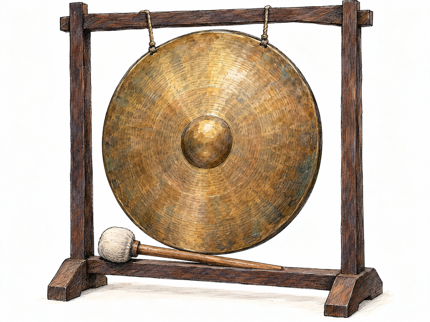 A large bronze gong suspended in a simple open stand, with a padded mallet beside its broad circular striking surface.