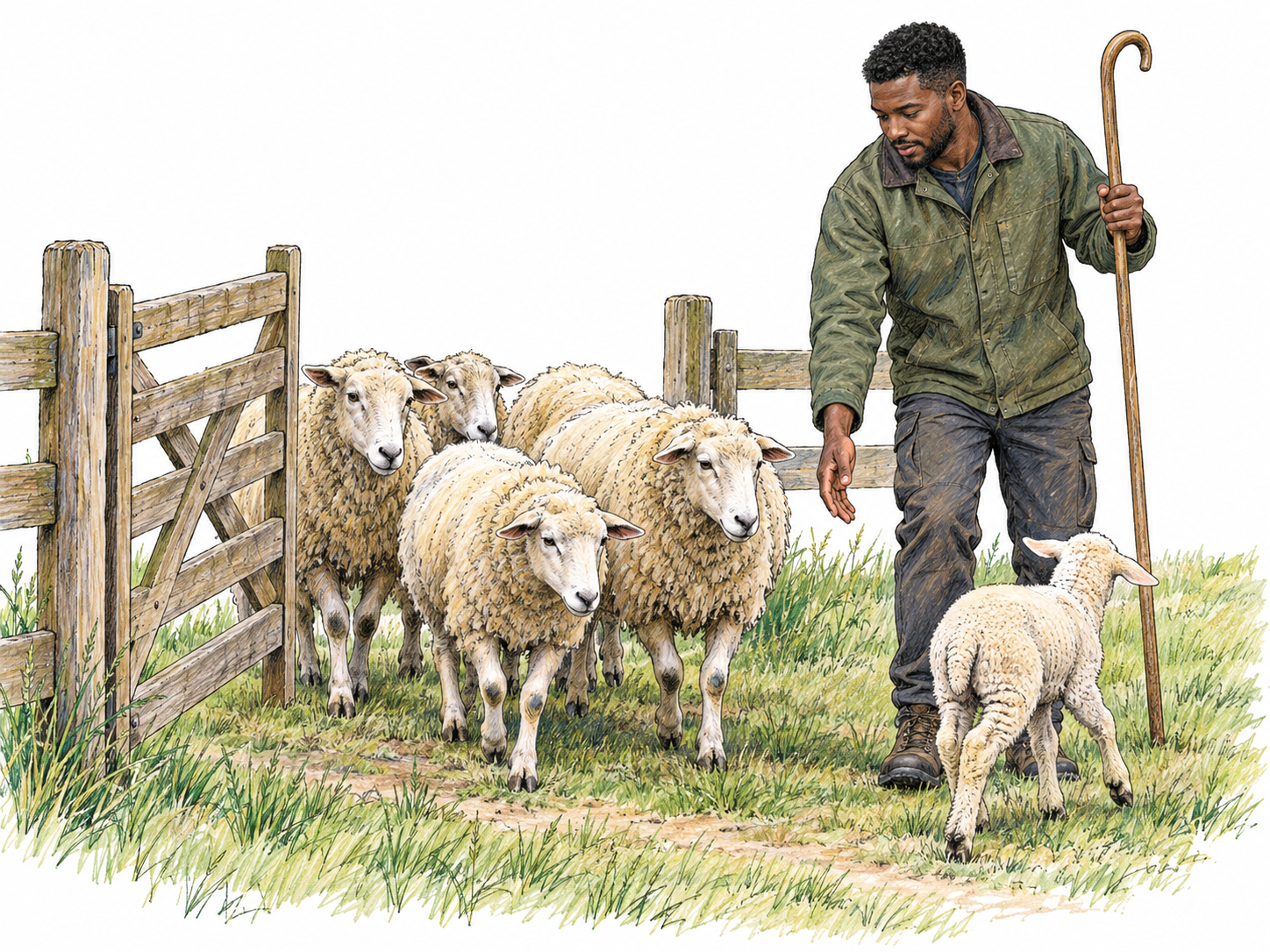 A working shepherd guides a small flock through an open pasture gate, using a crook and an outstretched arm to keep a straying lamb with the sheep.