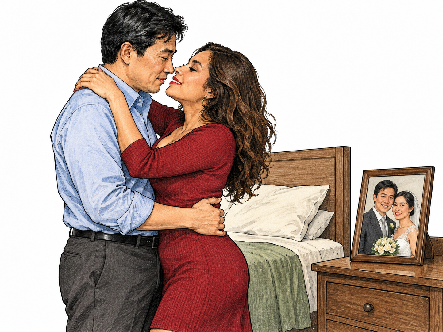 Two fully clothed adults embrace intimately beside a bed, while a visible wedding portrait shows one partner married to a different adult; quiet nonexplicit indication of an affair, no nudity.