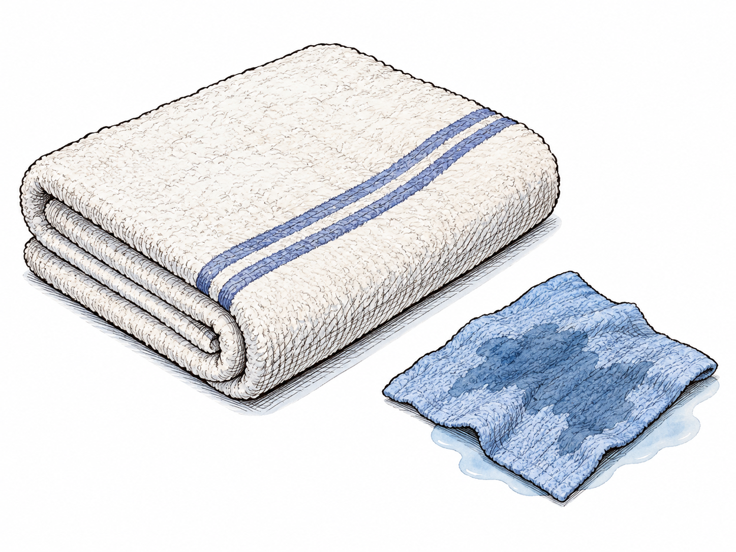 A dry folded towel lies beside a small damp comparison patch, with no droplets on the dry surface; absence of moisture clear.