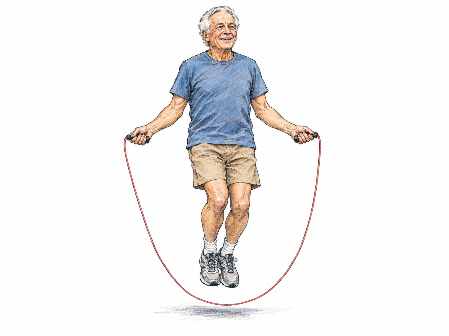 An older man lightly skips rope, showing lively coordination and energy despite his age.