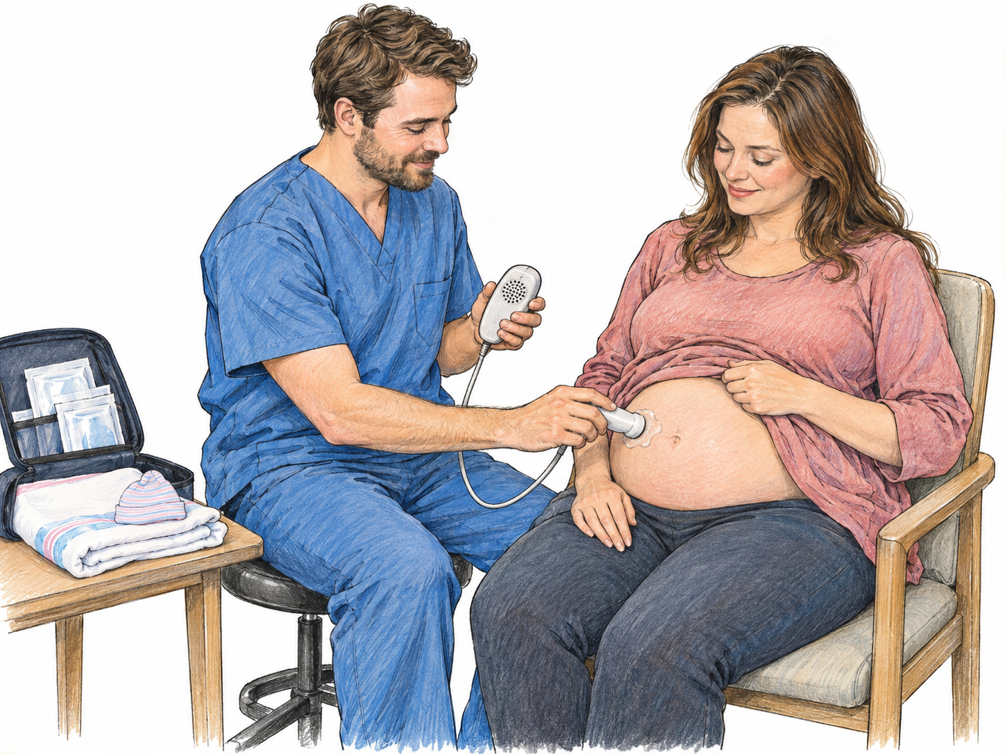 A midwife checks a pregnant adult's fetal heartbeat with a handheld Doppler during a modest home maternity-care visit, with a compact clinical bag and prepared newborn supplies reinforcing the birth-attendant role.