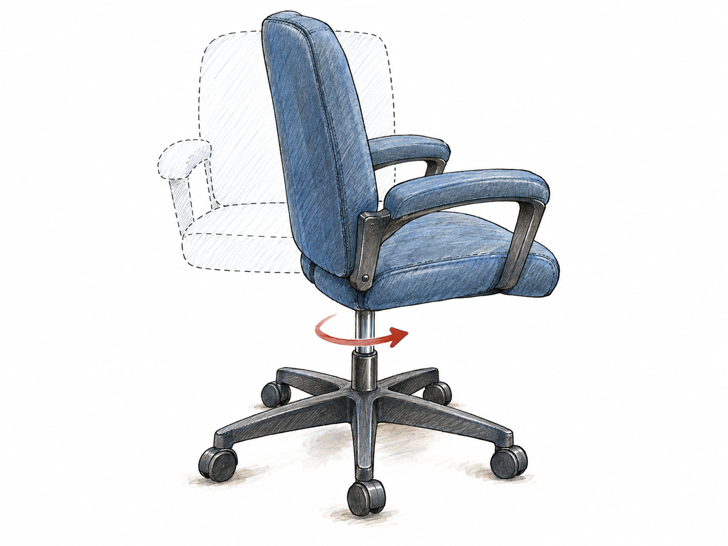 An office chair swivels on its central spindle while its five-spoke base stays fixed.