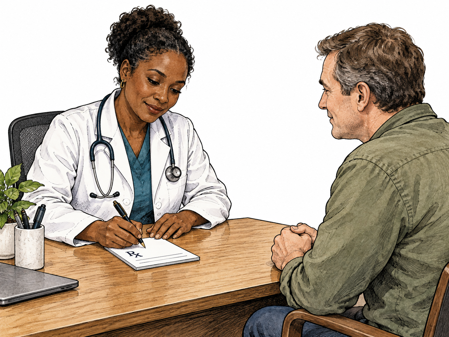 A female doctor writes a medicine order at a desk while an adult patient listens, only the functional Rx mark visible on the prescription pad, no medicine names or dosage claims.