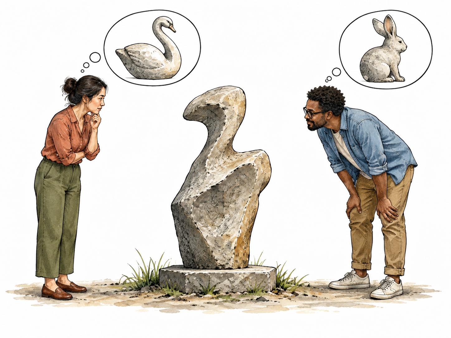 Two adults of different backgrounds view the same irregular sculpture from opposite sides and notice different shapes.