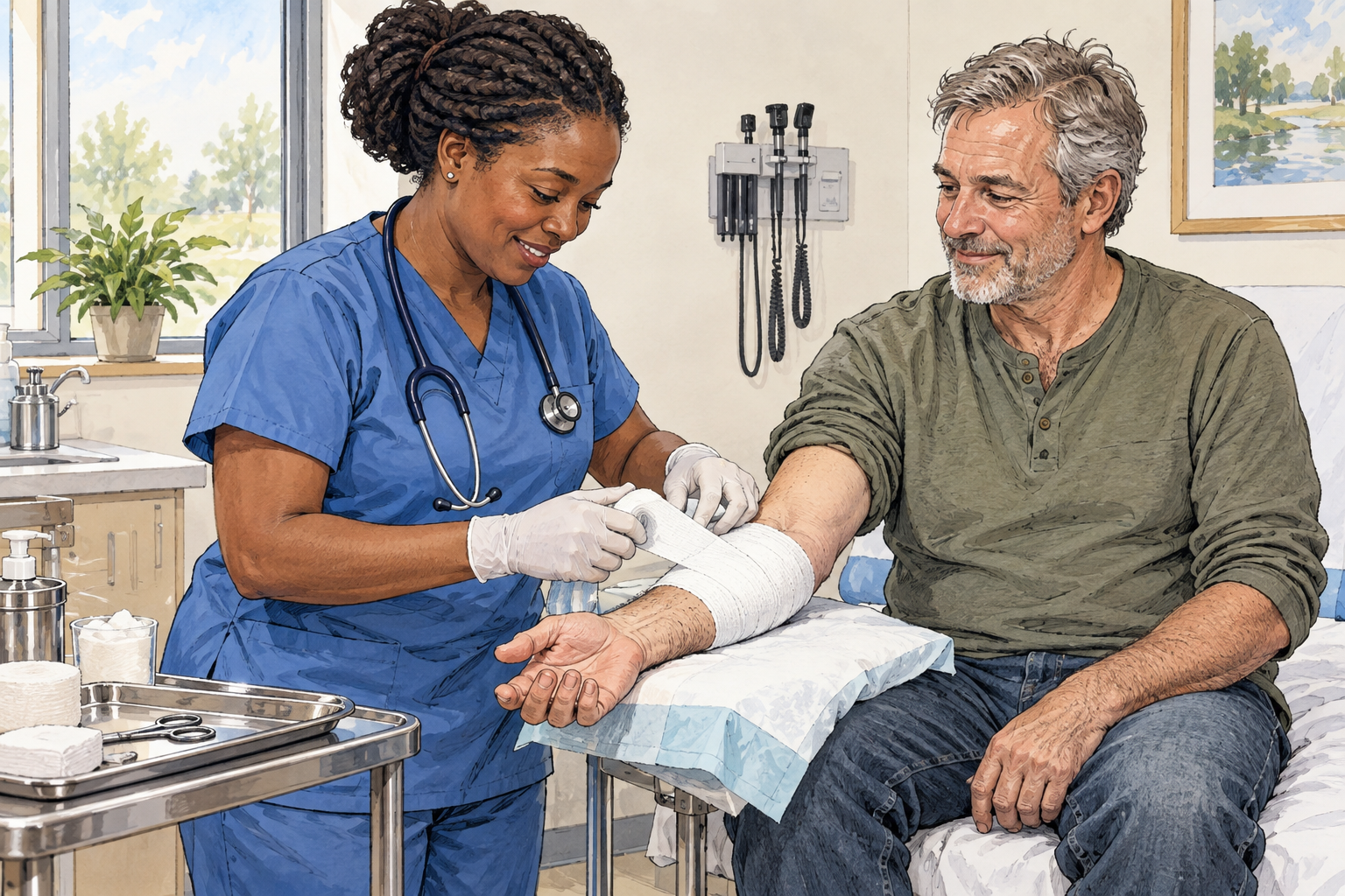 Skilled Black female nurse neatly bandages patient's forearm with steady practiced technique, patient comfortable and result secure.