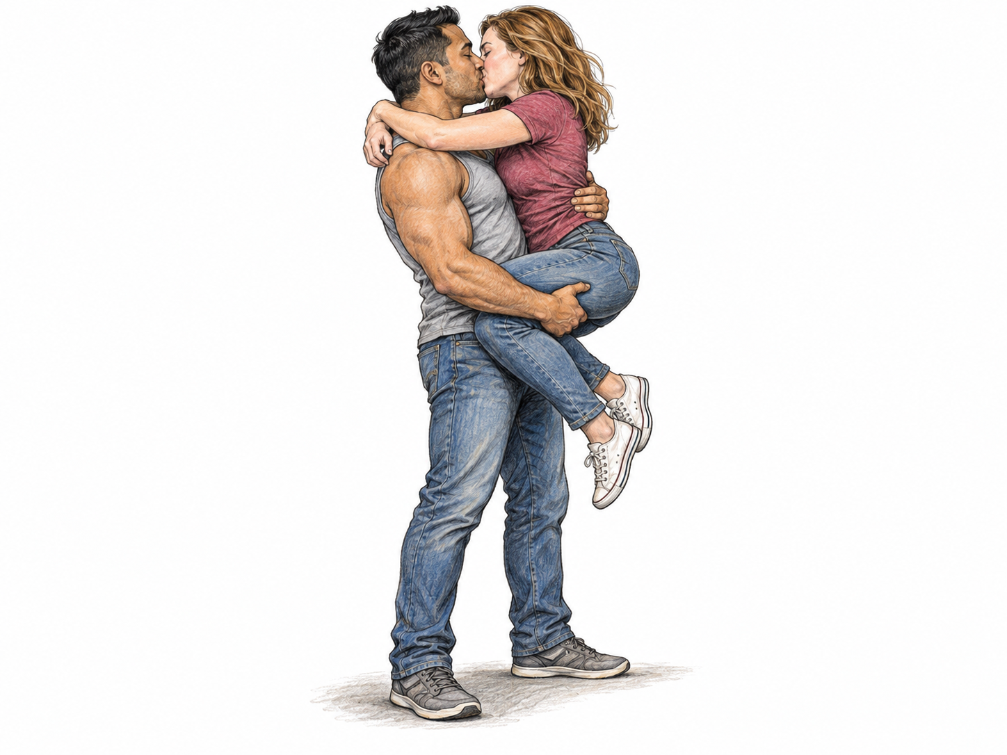 An athletic adult man lifts his similarly aged female partner into an eager, reciprocal kiss.
