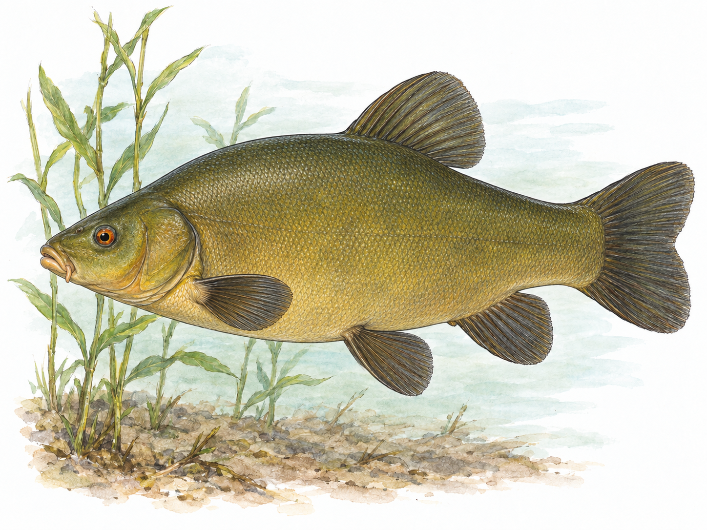 A single anatomically recognizable tench in side view, swimming among a few submerged weeds in still freshwater.