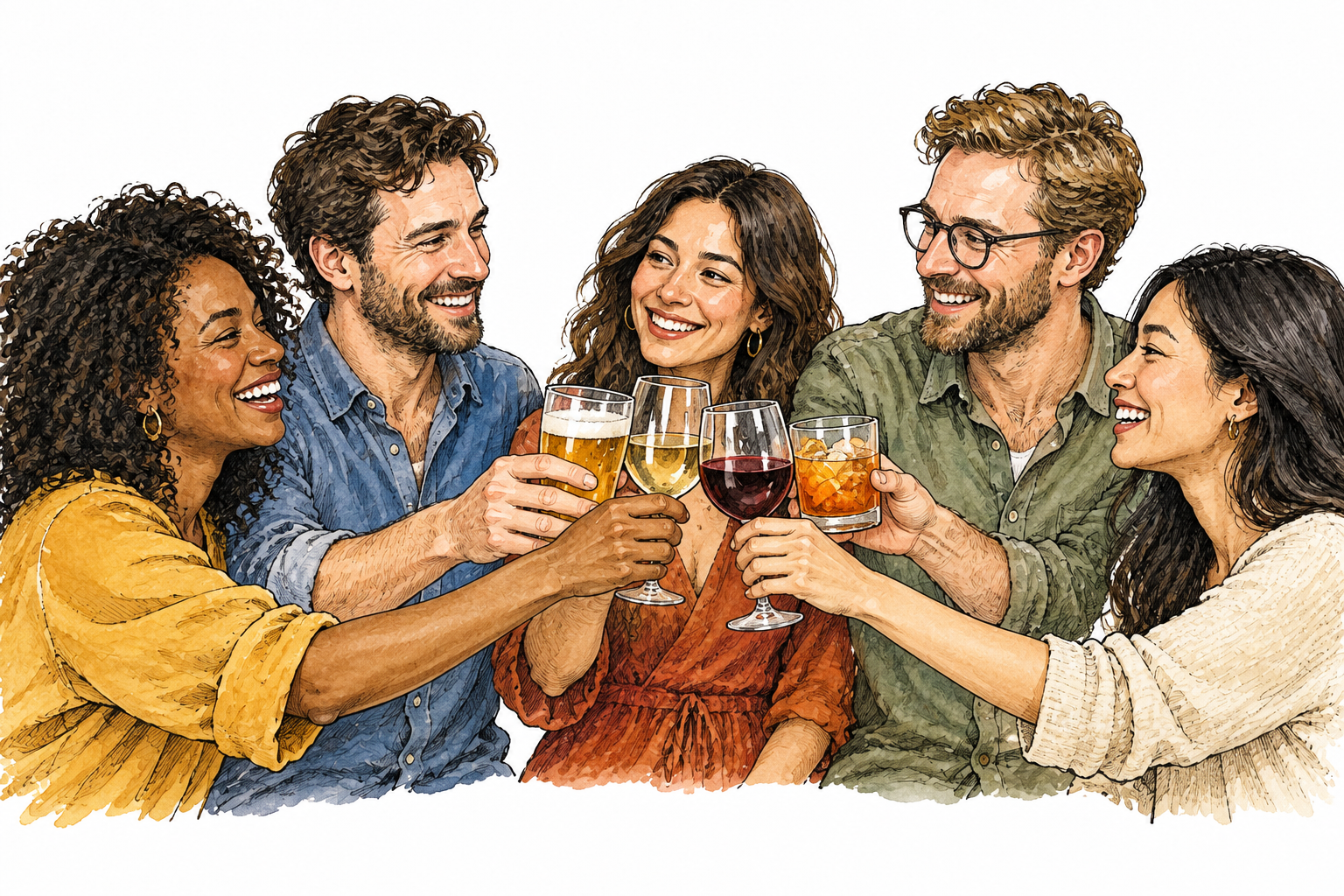 A small group of adult friends raises glasses together in a friendly toast, warm shared goodwill, no words or lettering.
