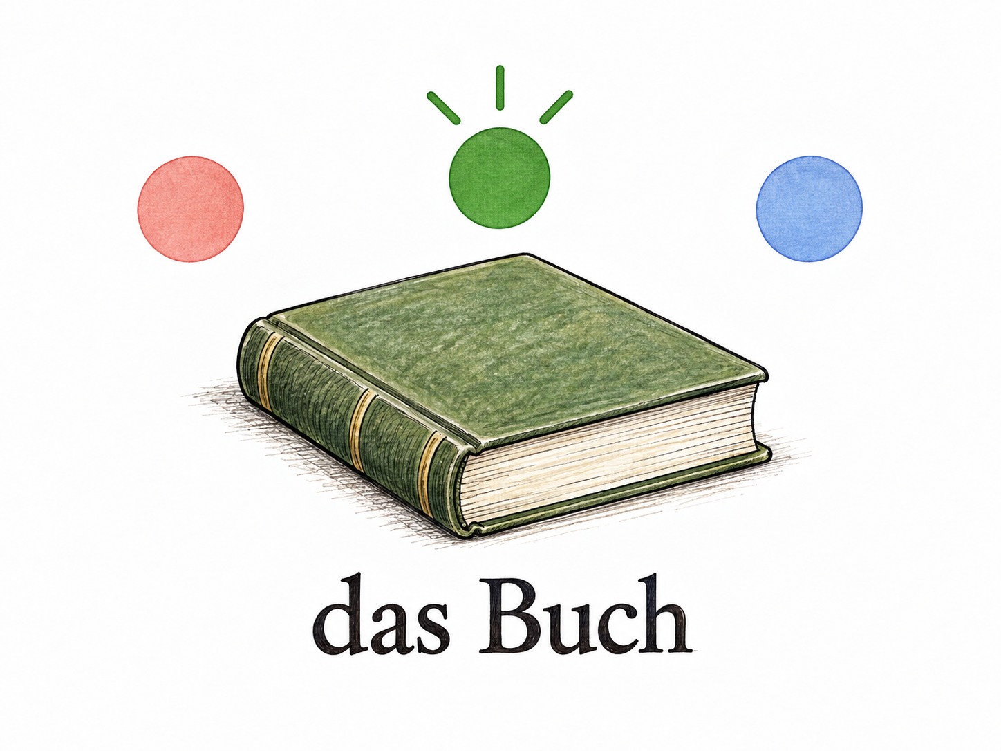 A simple grammar learning card displays only essential German example “das Buch” next to a plain book, with small unlettered neutral central marker distinct from two side markers.