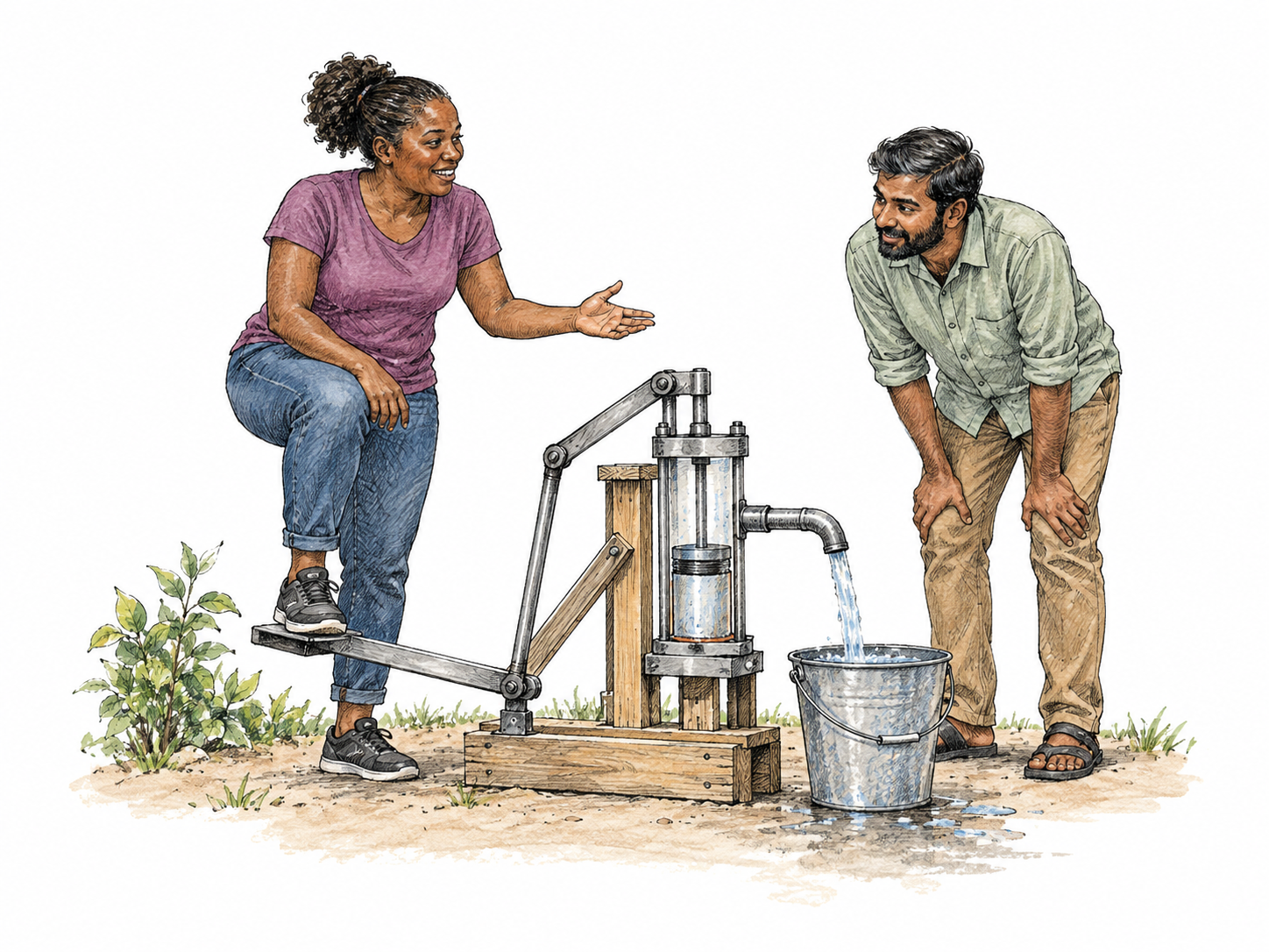 An inventor demonstrates a newly created pedal-powered water pump to a neighbor, foot pedal connected by visible linkage to piston and spout delivering water into a bucket.