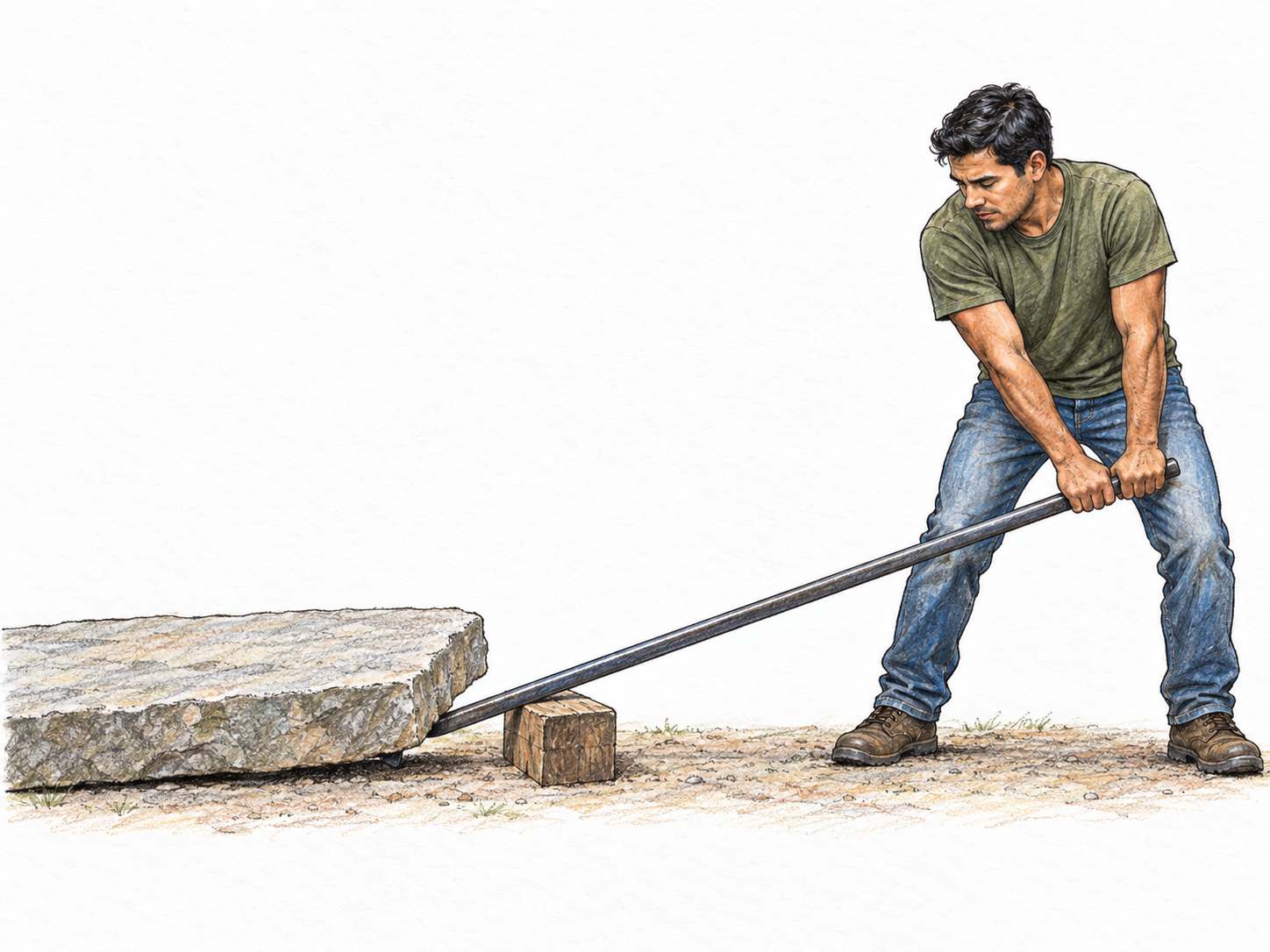 A man presses down on the long end of a rigid steel bar resting on a small fulcrum, lifting one edge of a heavy stone slab with the short end.