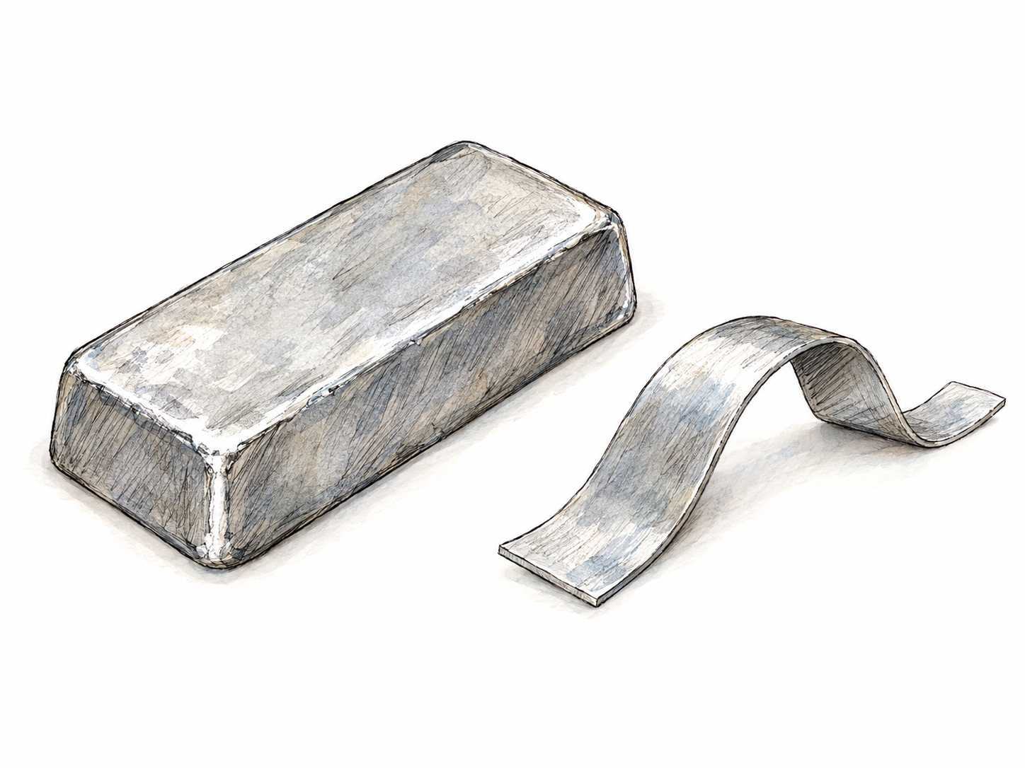 A small silvery tin ingot beside a thin bent strip of the same metal, emphasizing its metallic appearance and softness without depicting a container.