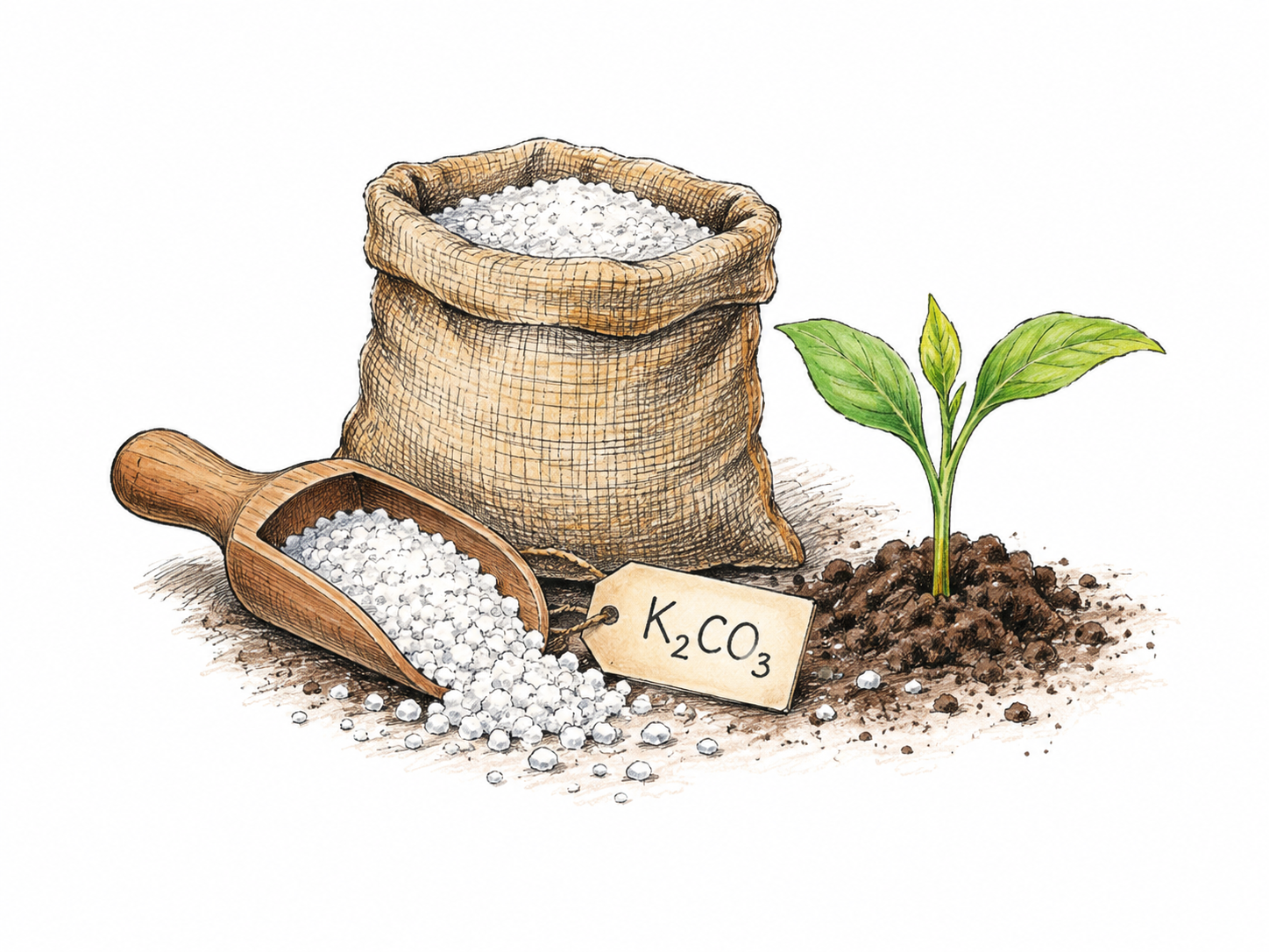 Small plain scoop of white potash granules beside unlabelled fertilizer sack and a young green seedling; short essential chemical formula K2CO3 on one small tag, no other writing.
