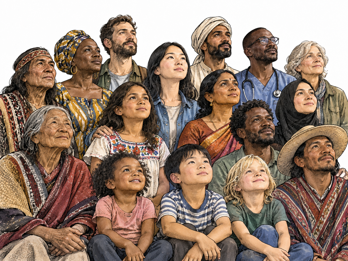 Diverse global crowd of adults and children, realistic individuals.